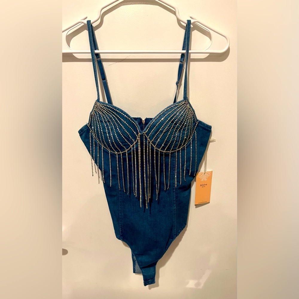 Denim and Crystal Body Suit